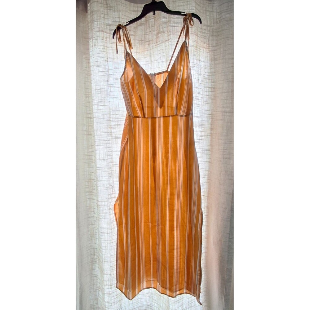 Shein Mustard Yellow & White Striped Sundress w Spaghetti Tie Straps V Neck Midi